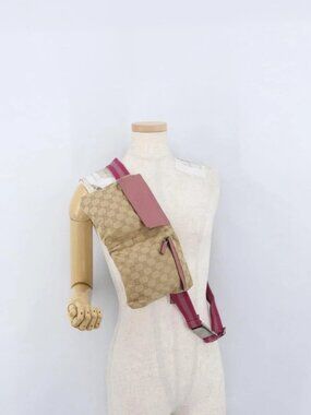 GUCCI GG Canvas Sherry Line Waist bag Beige Silver pink 28566 Auth 173858